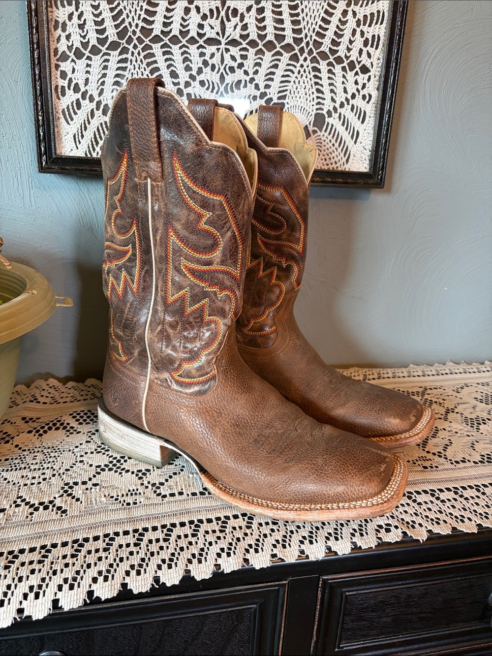 Ariat Brown Leather Western Cowboy Boots with Multicolor Stitching - Picture 2 of 7